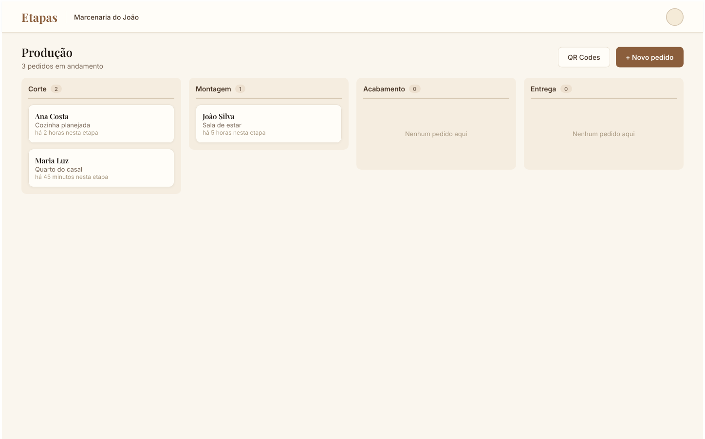 Dashboard do Etapas mostrando pedidos nas etapas Corte, Montagem, Acabamento e Entrega